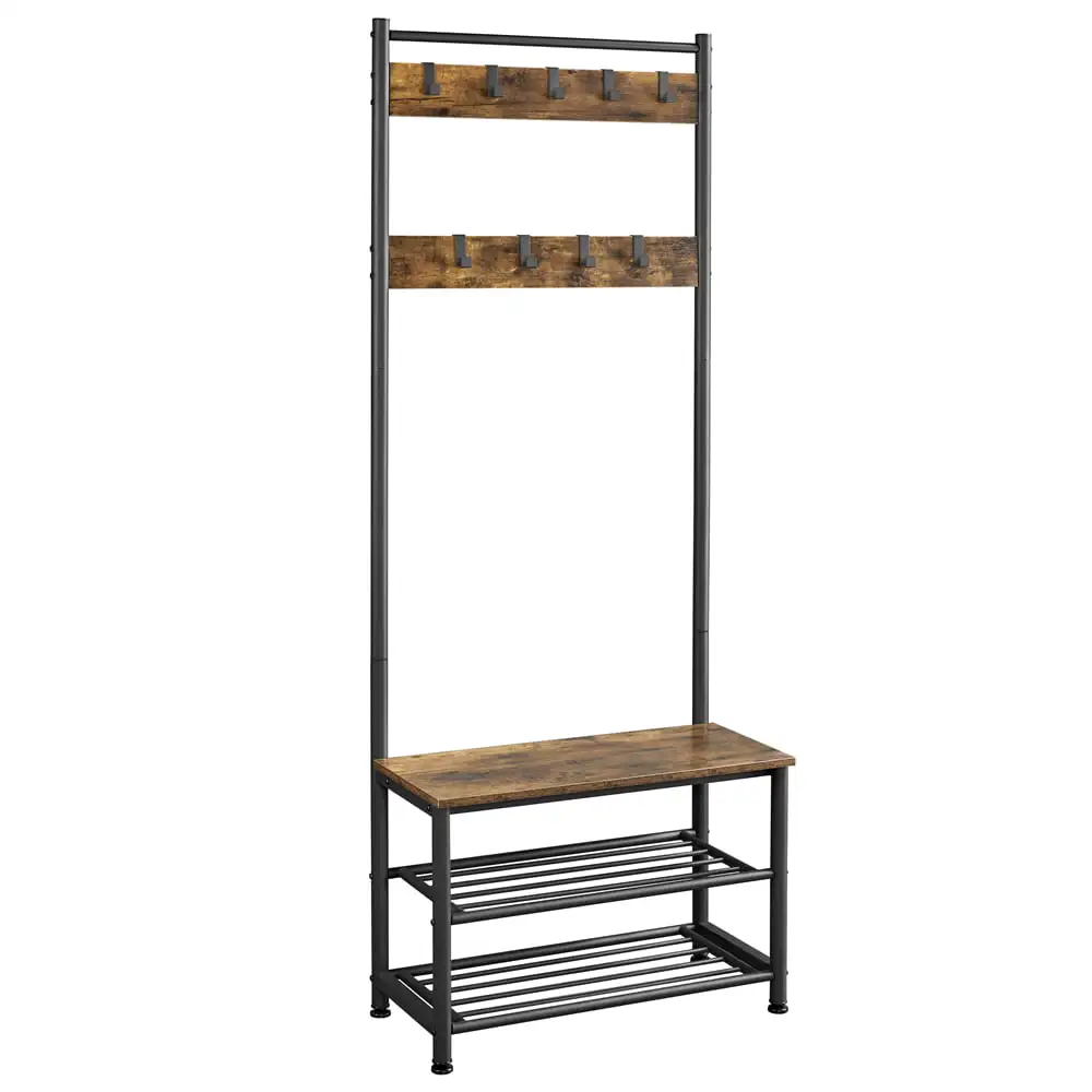 

Alden Design 73" Metal Hall Tree with Shoe Storage Bench, Rustic Brown Clothing Rack Stand Clothes Rack Coat Rack