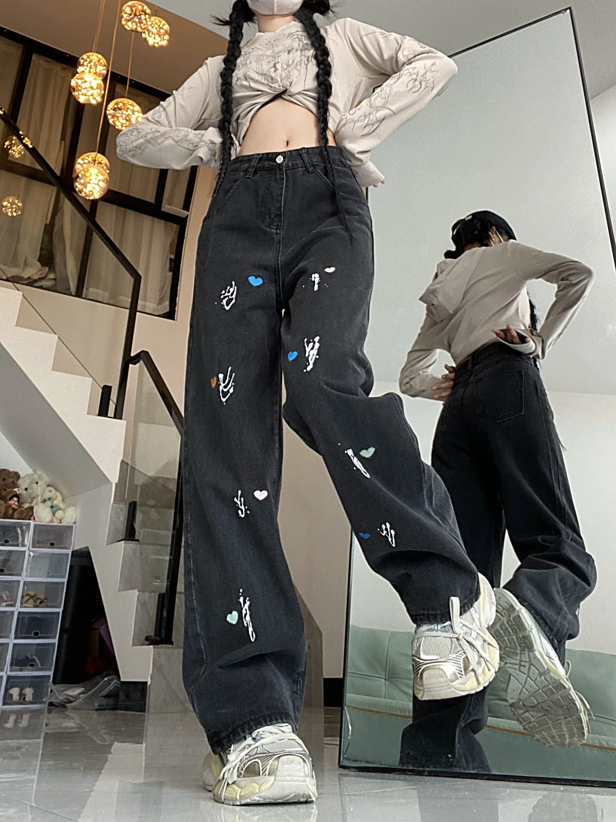 Джинсы WCFCX женские с вышивкой в стиле Харадзюку черные широкие брюки из денима