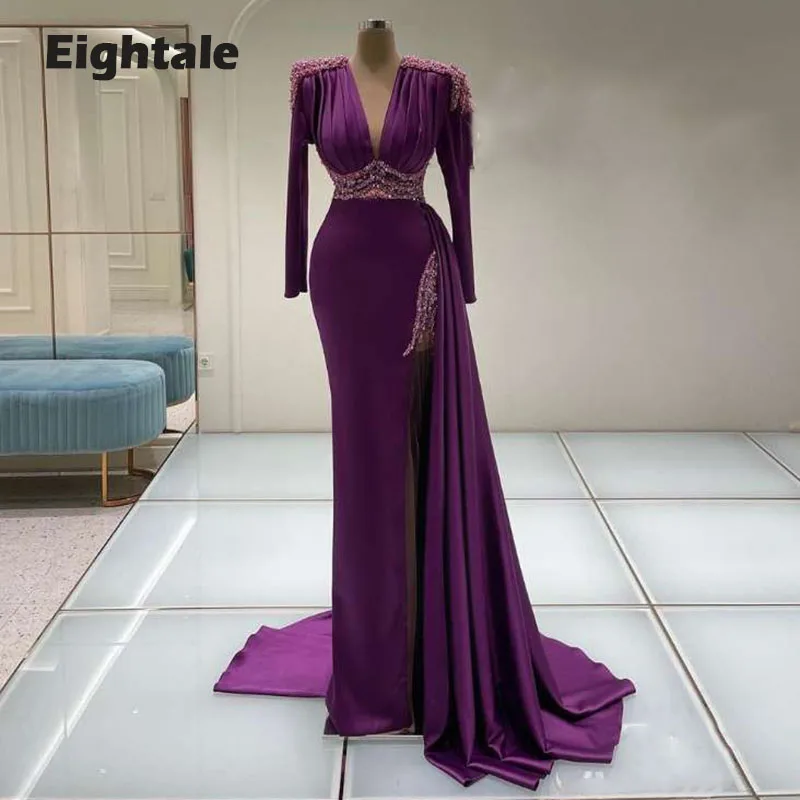 

Eightale Arabic Evening Dresses with Pearls O-Neck Beaded Long Sleeve Dubai Prom Gown Purple Mermaid Satin Celebrity Party Dress