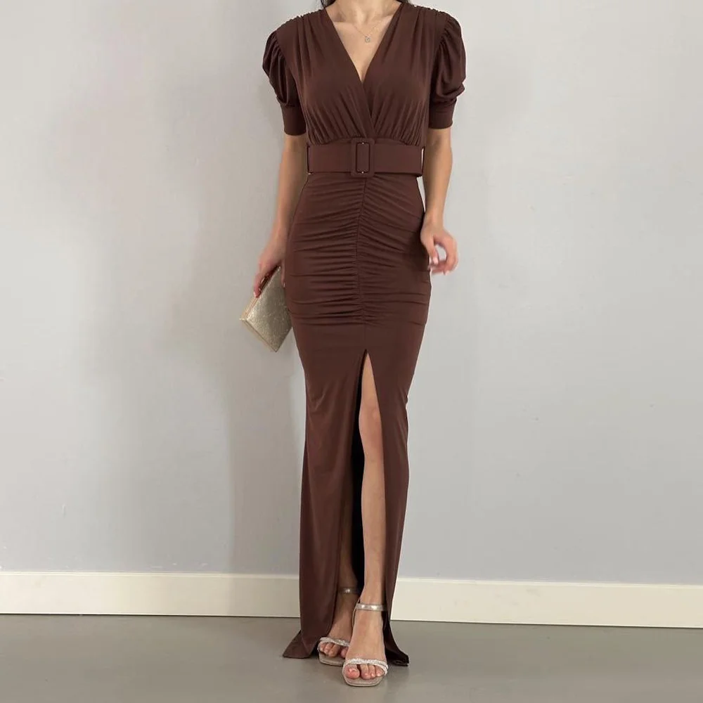 

CERMAE Satin V-neck Mermaid Ruffle Populer Prom Gown Evening Floor-Length Formal Elegant Party Dress for Women 2023