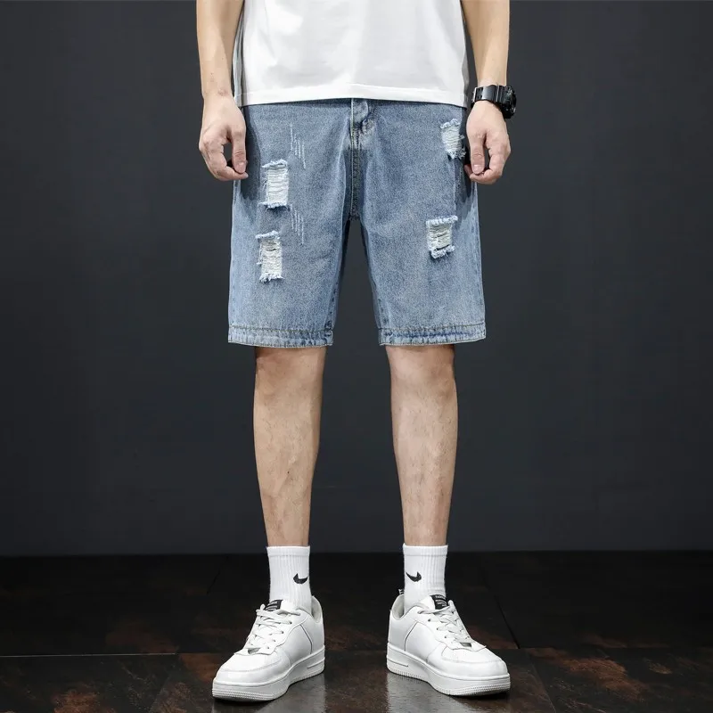 

Vintage Denim Shorts Man hole Streetwear Washed Jeans Shorts Mens Summer Loose Straight Shorts Male