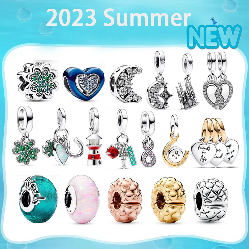 

2023 Summer New High Quality Original Logo 1:1 Green Four Leaf Clover Moon Charm Suitable for DIY Pandora Bracelet Women Jewelry