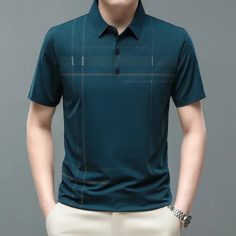 Golf Men's New Stripe Printed Short Sleeve T-shirt Summer New Loose Elastic Polo Shirt Men's Ice Silk Polo Neck T-shirt