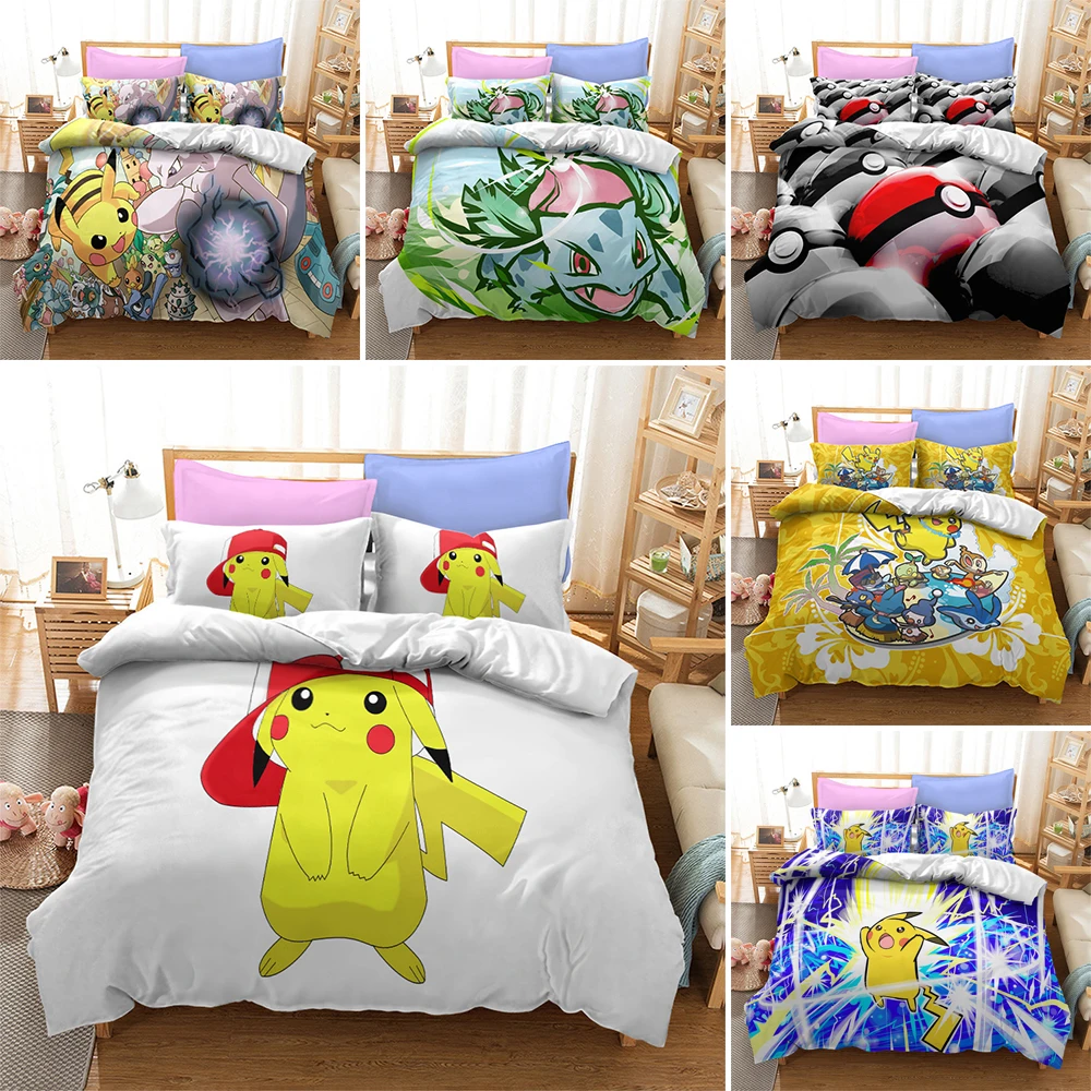 

Juego de ropa de cama de Pokémon con dibujos animados, edredón con funda de almohada 3D, tamaño individual, 135x200, 2/3 piezas