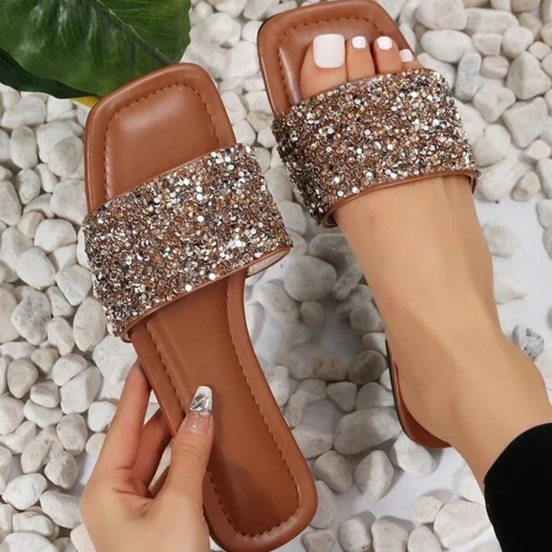 Women Single Band Flat Sandals Sequin Glamorous Slide Sandals Outdoor Fashion Slide Summer Beach Sexy Woman Slippers 2023 New