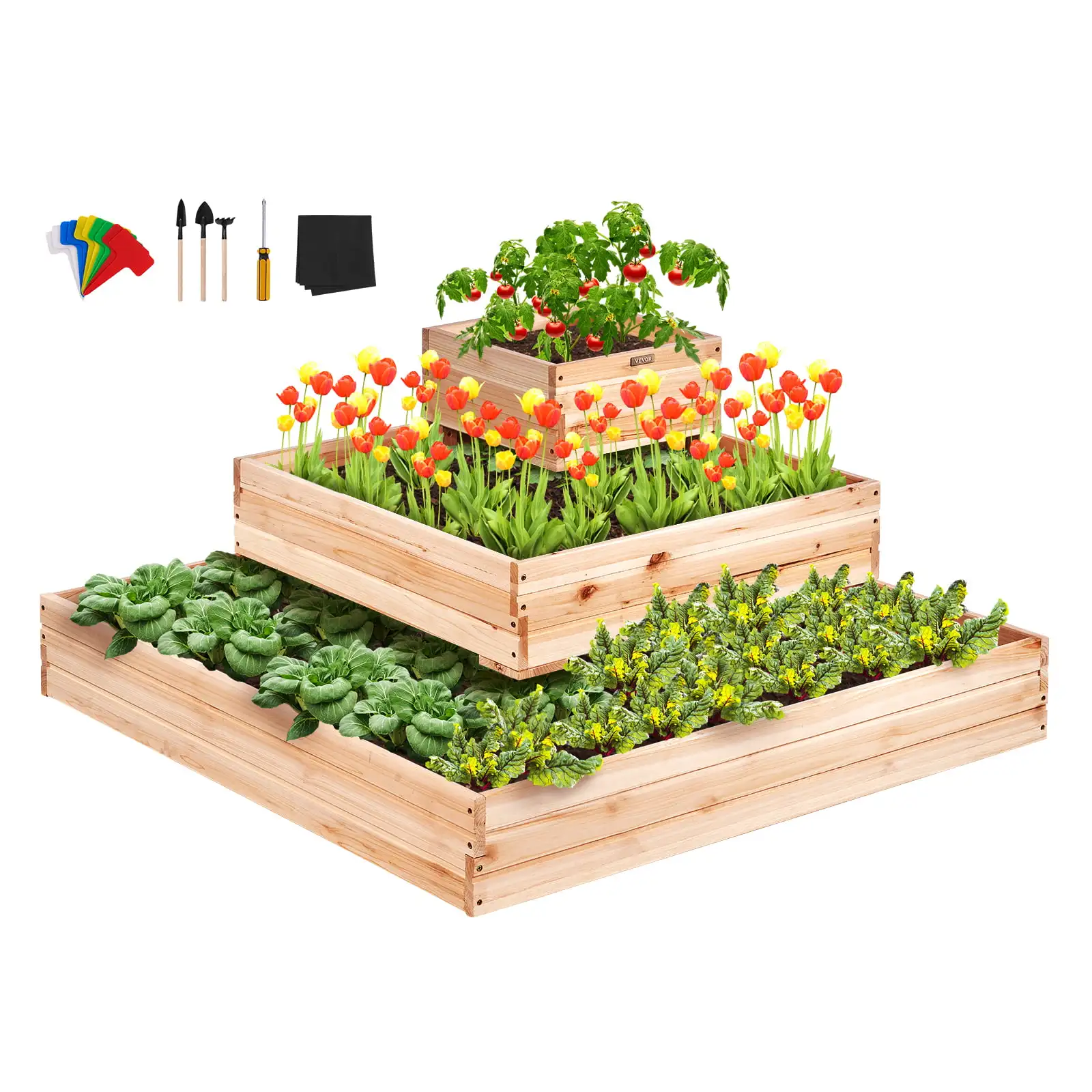 Wooden Raised Garden Bed, 44.5x44.5x20.1" High End Natural Fir Wood Planter Box