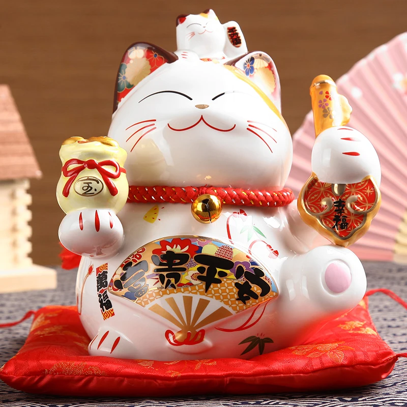 8 Inch Ceramic Maneki Neko Abacus Design Lucky Fortune Cat Money Box