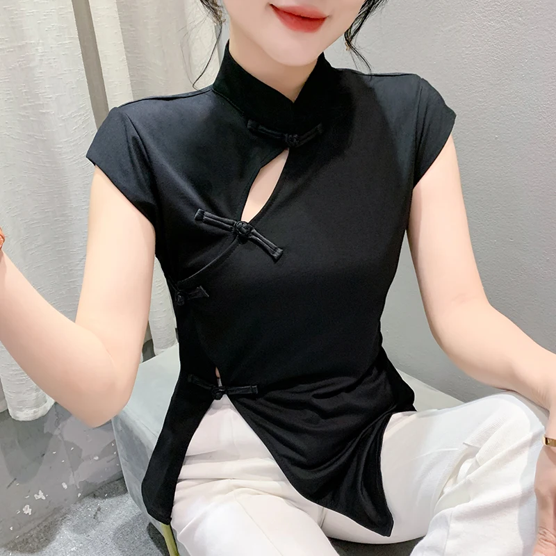 Новинка 2024 асимметричная сетчатая женская футболка в китайском стиле на