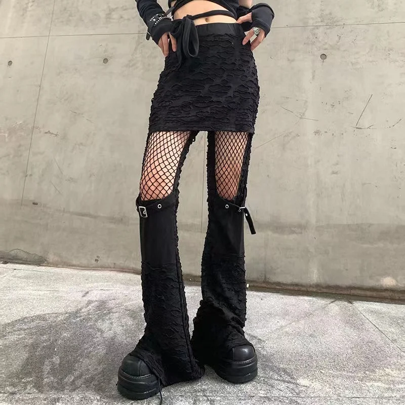 

Gothic Clothing Skirt-Like Cutting And Mesh Together Flare Pants Women Punk Black Trousers Spring Autum Fashion Y2k Streetwear