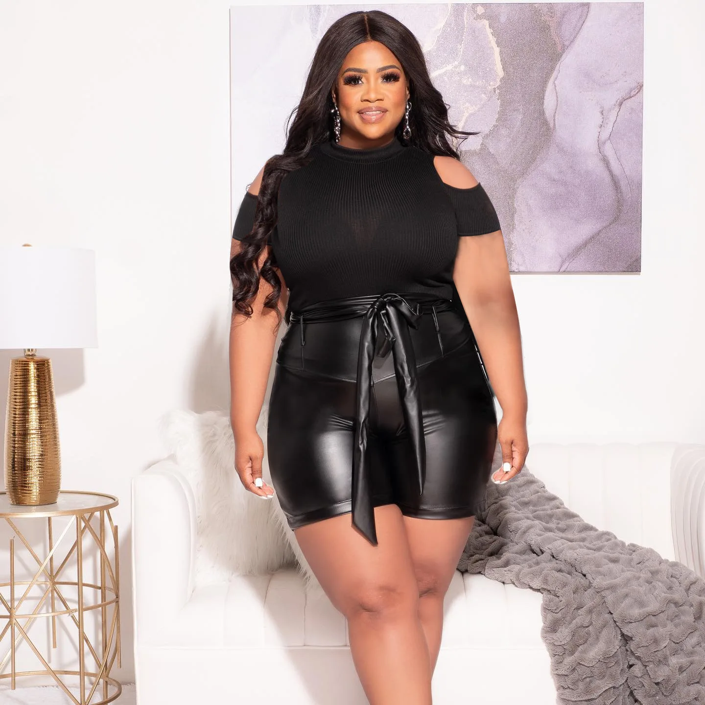 

Perl Plus Size Woman Clothes Outfits Knitting Cold Shoulder Top+PU Leather Suit Sexy Two Piece Set Ladies Clothing Street Wear