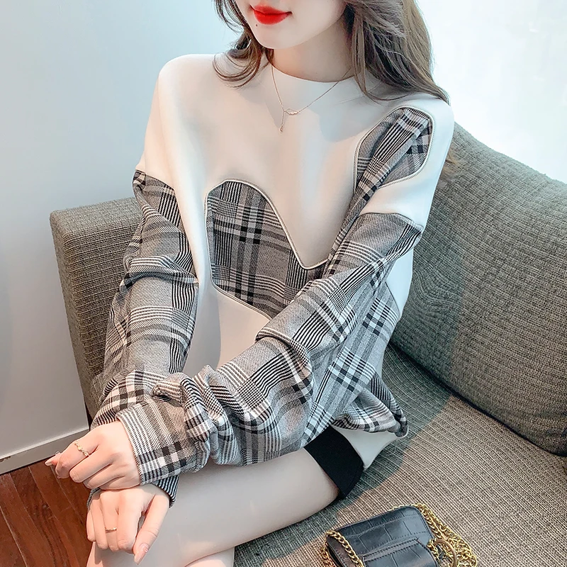 

Women's Sweatshirt New Casual Fashion Loose Pullover Plaid Stitching Long Sleeves O-neck Tops Houthion