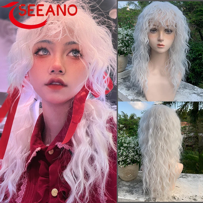 

SEEANO Synthetic Long Curly Cosplay Wig With Bang Red Light Blonde Pink Cute Lolita Wig Women Halloween Cosplay Wig Female