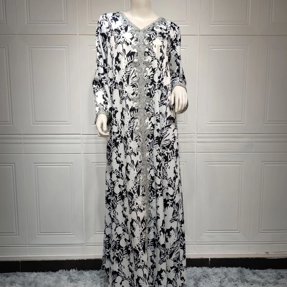 Dubai Luxury Islamic Clothing Puff Sleeve Women Muslim Dress Black and White Flores Printed Long Jalabiya Abaya Femme Musulman