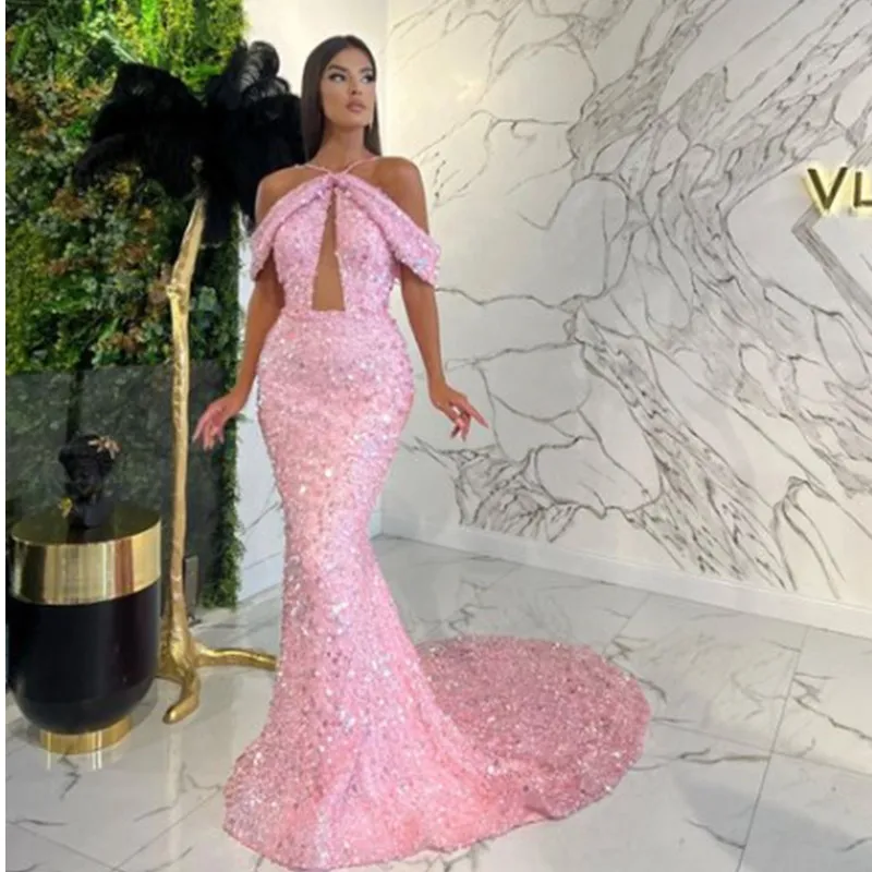 Pink Color Women Sexy Halter Off the Shoulder Shinning Sequines Bodycon Floor-Length Dress Elegant Evening Party Prom Dress
