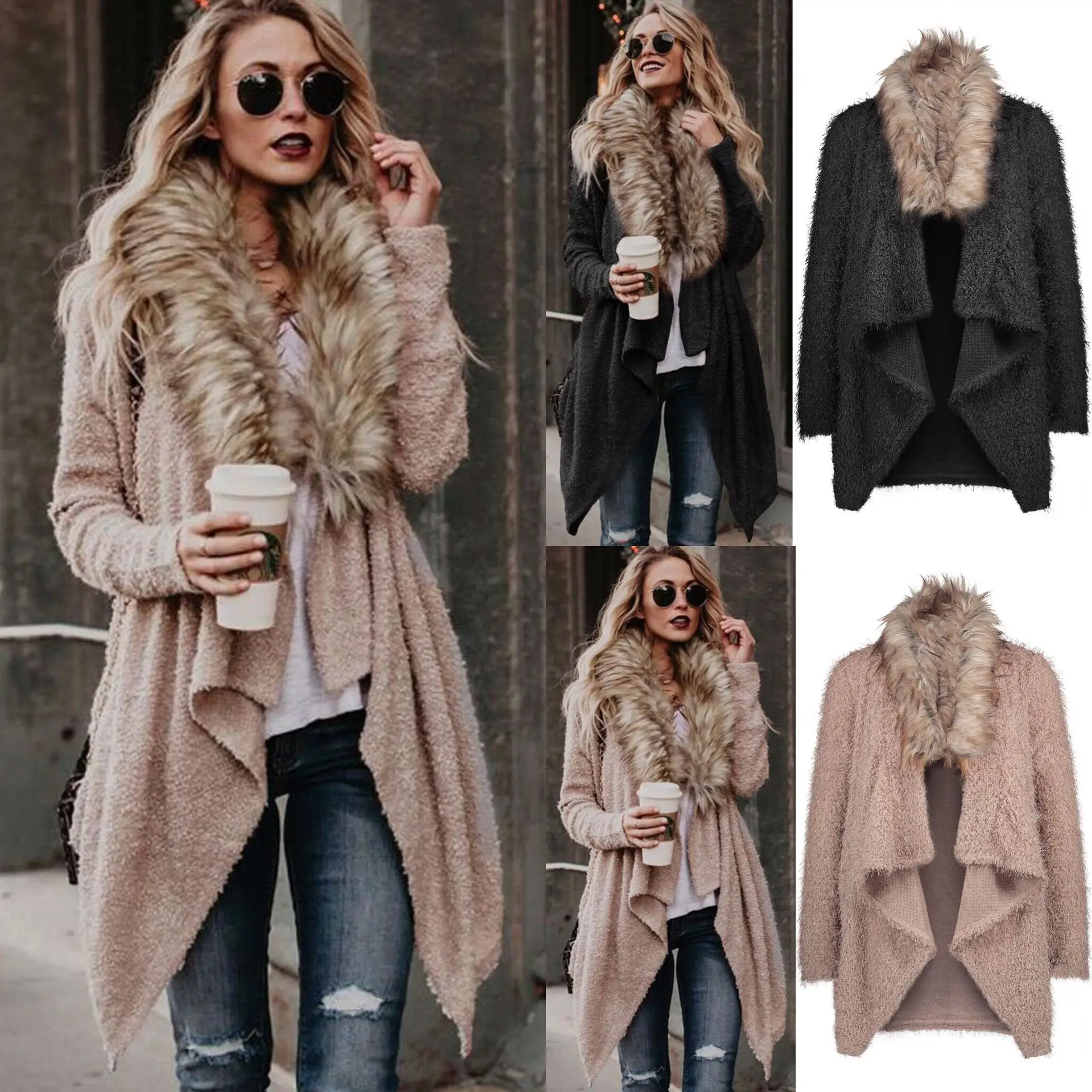 

New Spring and Autumn Large Wool Collar Cardigan Plush Windbreaker Coat