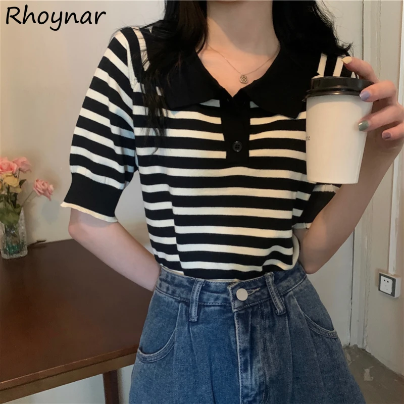 

Short Sleeve T-shirts Women Striped Knitted Retro Kawaii Preppy Young Chic Summer New Ulzzang Girlish Teens Tender Mujer Tees BF