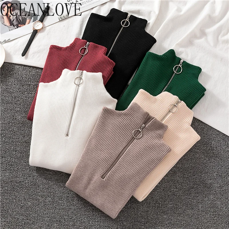 

OCEANLOVE Zipper Half Turtleneck Sweater Women Solid Slim Autumn Winter Clothes Sueter Mujer Basic Fashion Pullovers 12605