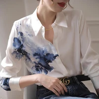 vintage ink printing chiffon shirt women turn down collar long sleeve silk satin blouse women fashion korean casual shirts 2022