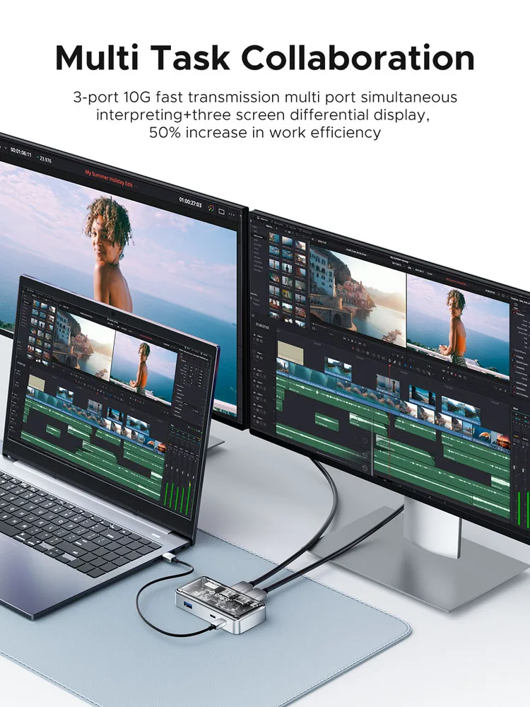 Док-станция ORICO Transparent USB C MST с поддержкой трех дисплеев 4K@60Hz, USB3.2 Gen2 10Gbps, Ethernet 2.5G, PD100W, многопортовый адаптер (art.: 3920dc75bee85) - 3920dc75bee85