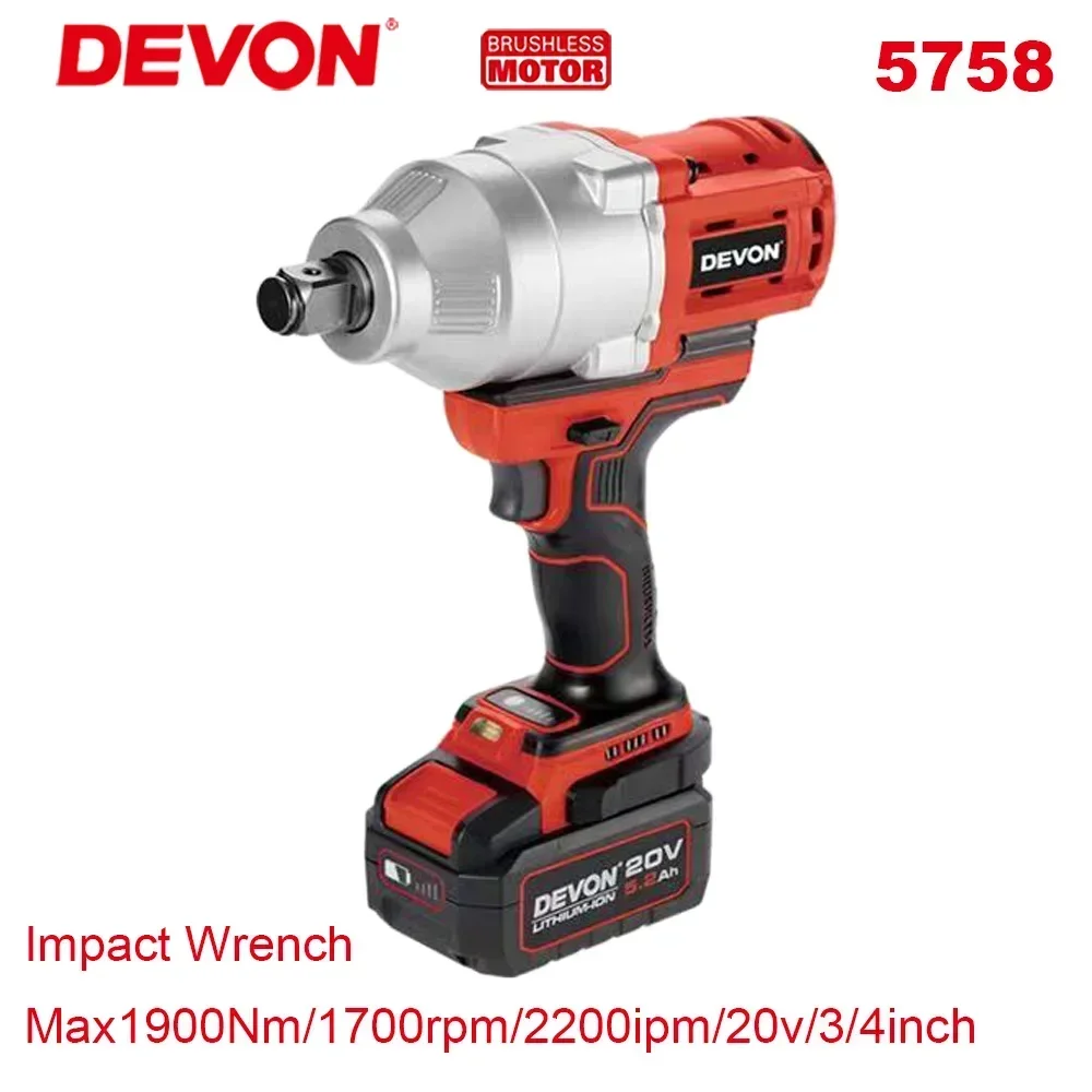 Devon Heavy Duty 5758 Cordless Impact Wrench Brushless 20v Max 1900Nm Torque Adjustable 1700rpm 2200ipm Universal Flex Battery