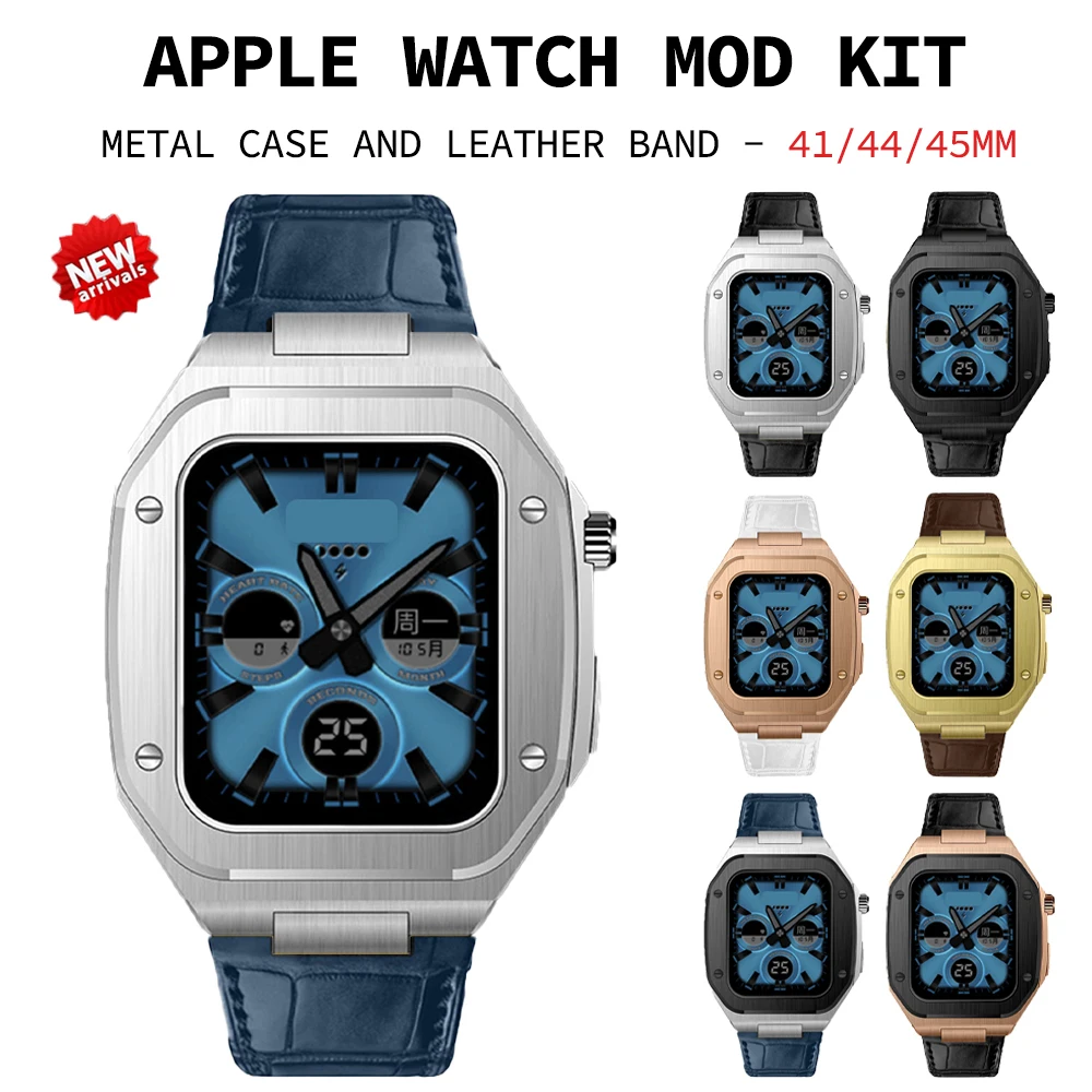 

Роскошный модифицированный комплект, металлическая рамка для корпуса браслета Apple Watch 7 6 5 4 41 мм 44 мм 45 мм, кожаный ремешок для iWatch SE