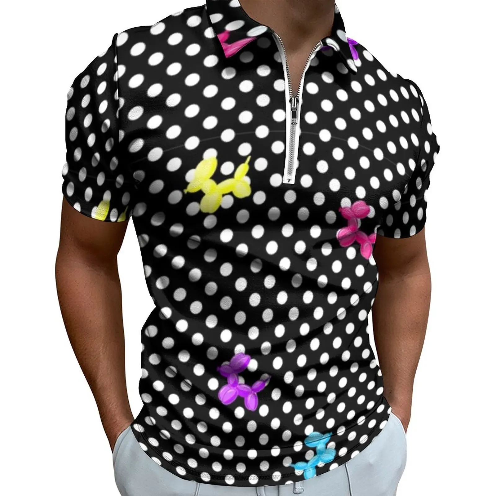 

Футболка-поло мужская с принтом в горошек, Повседневная рубашка с коротким рукавом, с графическим принтом, на молнии, летняя трендовая одежда