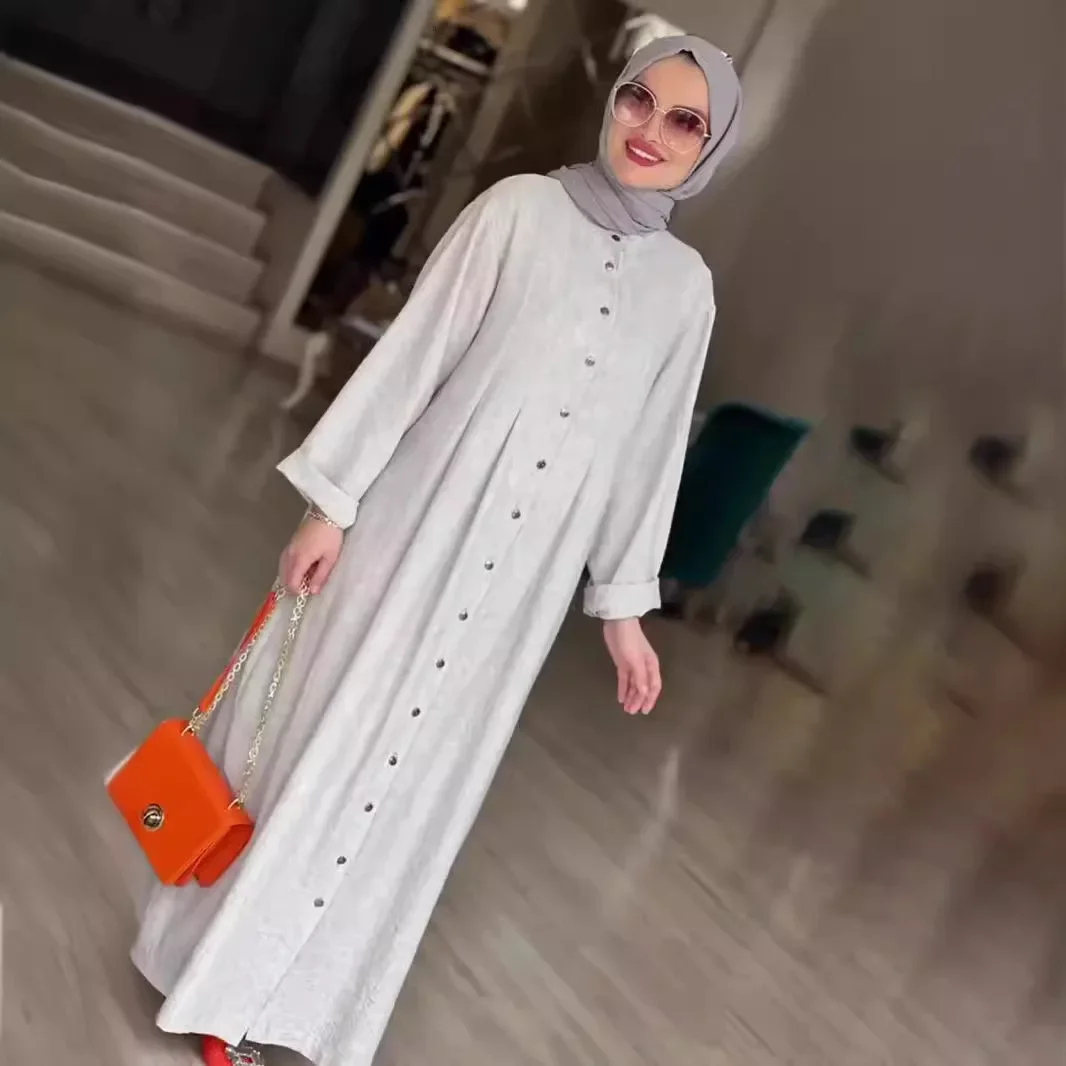 Мусульманский длинный халат абайя для женщин платье-рубашка на пуговицах