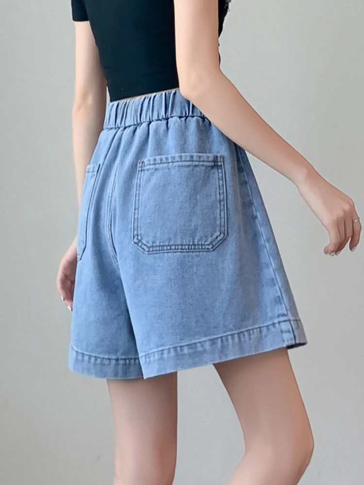 New Summer Elastic High Waist Denim Shorts Women Casual Lace-up Wide Leg Jean Shorts Lady Fashion Solid Color Shorts