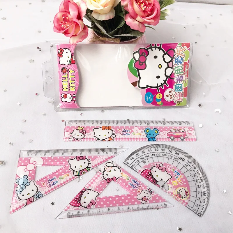 

Cute Cartoon Sanrioed Anime Set Ruler Kawaii MyMelody Kuromi Cinnamoroll Student Learning Stationery Ruler Four-piece Set Gift
