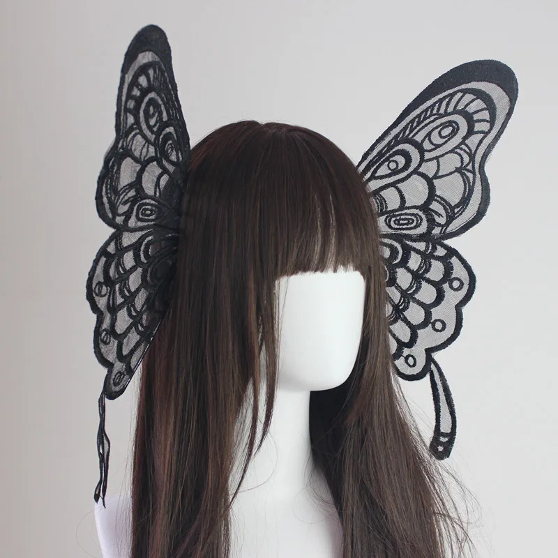 

Black White Butterfly Wings Lolita Headwear Girl Gorgeous Side Edge Clip Hair Accessories Elf Lace Hairpin All-match Cosplay
