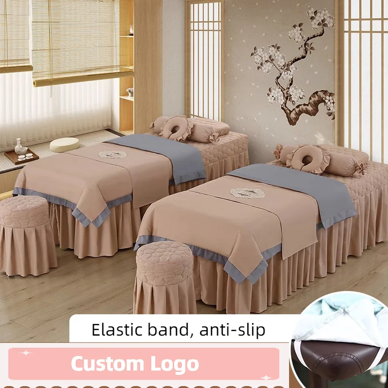 

Custom Logo Anti-slip 4pcs Beauty Salon Bedding Sets Massage Tuina Spa Use Patchwork Duvet Cover Bed Skirt with Hole Beddings
