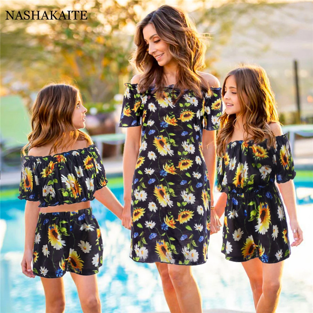 

Sunflower matching family outfits Mom and daughter black one shoulder dress For Mommy and me clothes Summer Casual family look