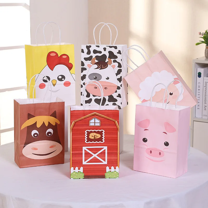 

6pcs/lot Farm Animal Theme Party Birthday Gift Bags Pig Cow Sheep Horse printing Portable Gift Bag Favor Baby Shower Supplies