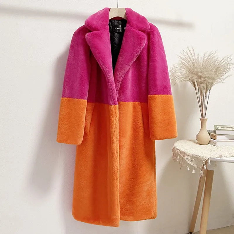 Korea Parka Winter Clothing Women Faux Fur Jacket long Color Matching Lapel OverCoat Female h Coat  x-long fur coats