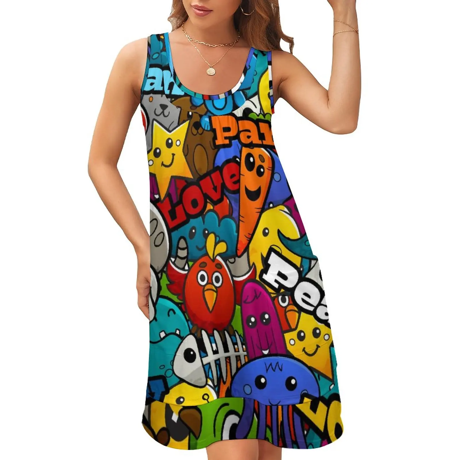 

Word Graffiti Art Dress Colorful Characters Simple Dresses Patchwork Trendy Tank Dress O Neck Woman Pattern Vestido