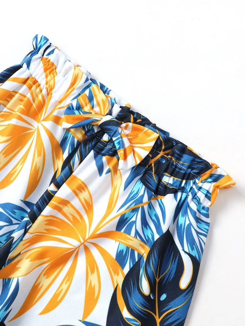 2022 Summer Fashion Kids Clothes Girls Outfits 2 Pcs Sets Short V-neck Strap Tops+print Long Pants Beach Girls Clothing Set 5-9Y