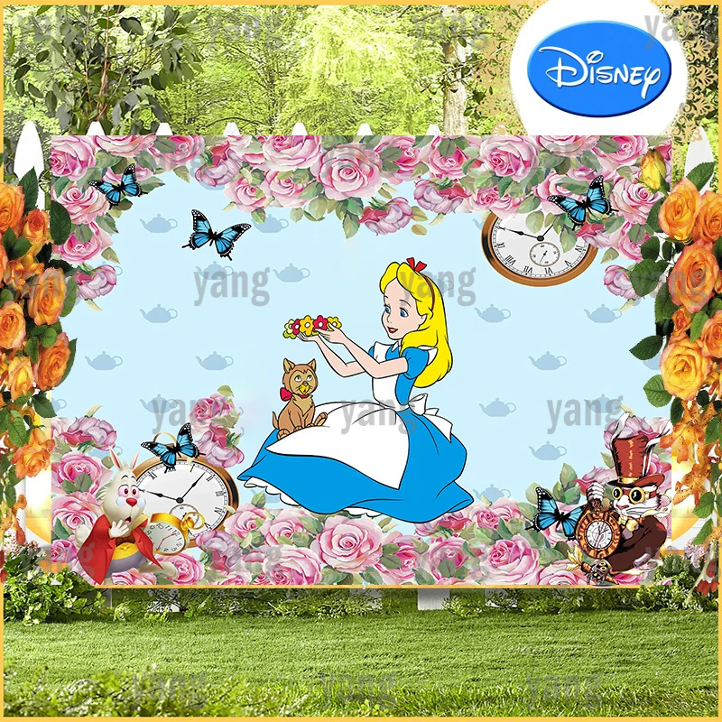 Disney Alice In Wonderland Romantic Rose Backdrop Baby Shower Theme Happy Girl Birthday Cartoon Decoration Backgrounds Banner