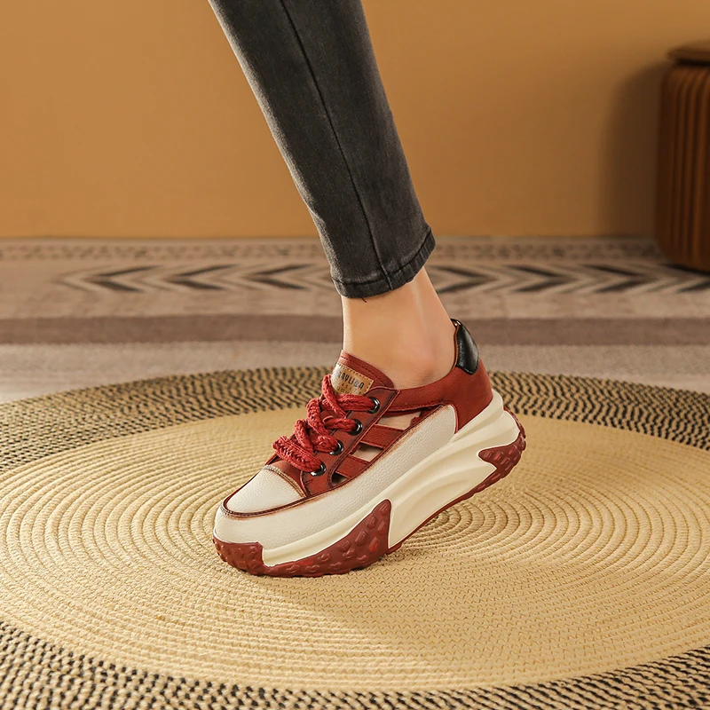 Summer Leather Hollowed Out Shoes Female 2023 New Thick Sole Sports Leisure Board Shoes Female Retro Small Height Women's Shoes