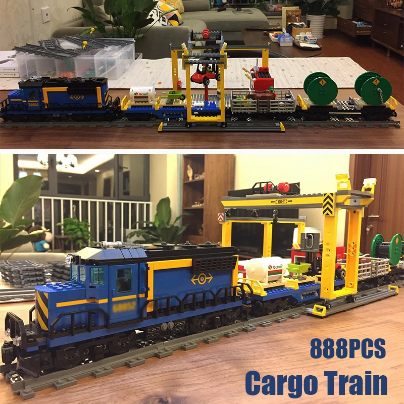 

New Motorized Cargo Train Tracks Model Remote Control Compatible 60052 82008 Building Blocks Bricks DIY Toys For Boys Gift
