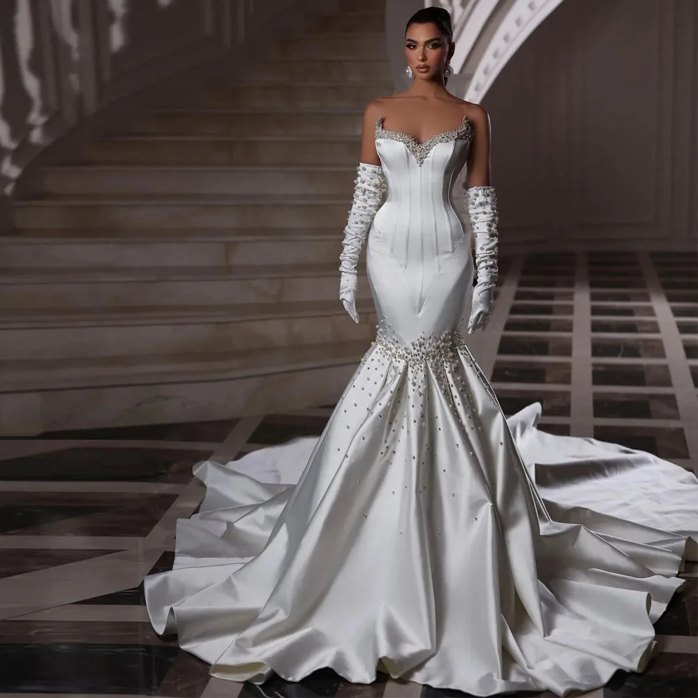 

Gorgeous Mermaid Crystal Wedding Dresses Sweetheart Pearls Satin Bridal Gown Court Train Church robe de mariee without Gloves