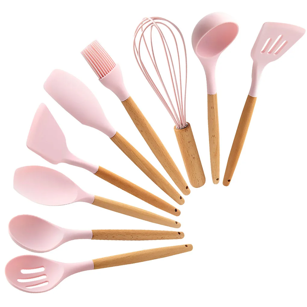 

9Pcs Pink Silicone Kitchen Cooking Utensil Heat Resistant Spatula Spoons Whisk Brush Nonstick Cookware