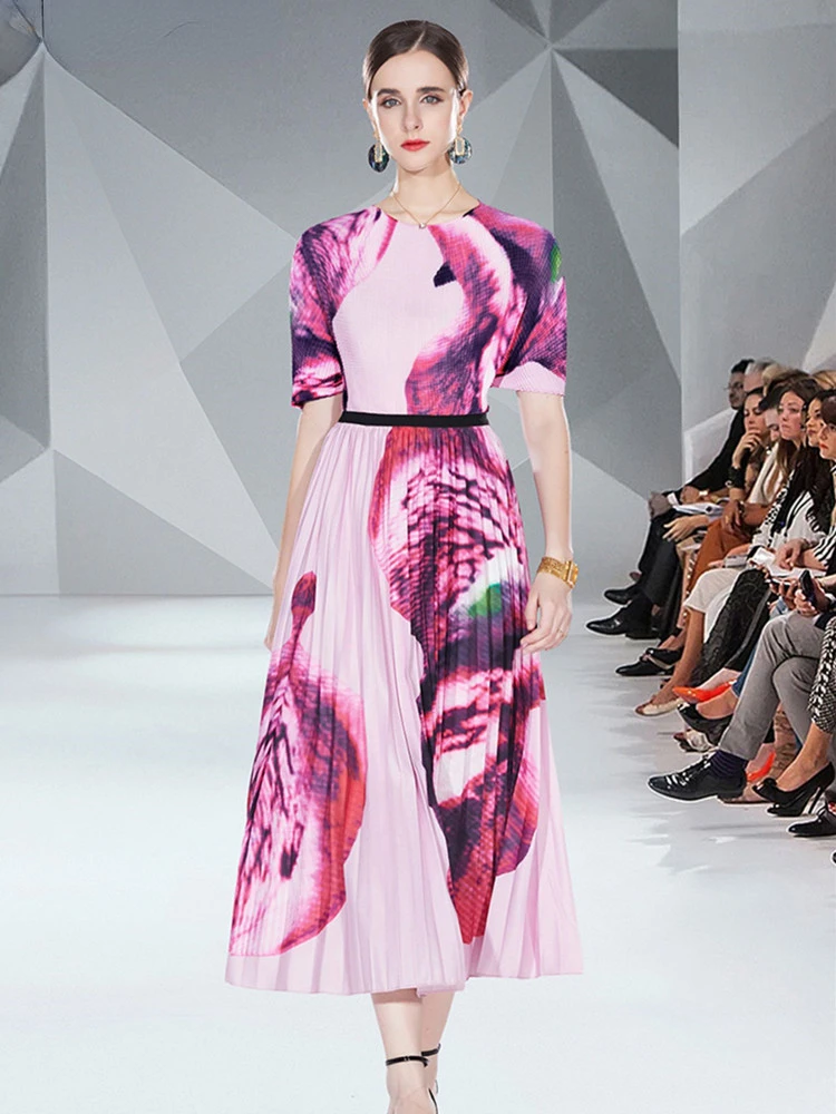 

Runway Design Summer Skirt Sets Women Folds Temperament Half Turtleneck Top + Pleated Long Skirt Print Two Piece Set Oversized