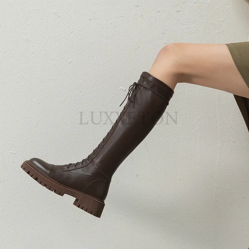

Chunky Platform Pu Leather Knee High Boots Women Punk Increasing Long Woman Lace Up Booties Mujer Zip Chelsea Women Shoes