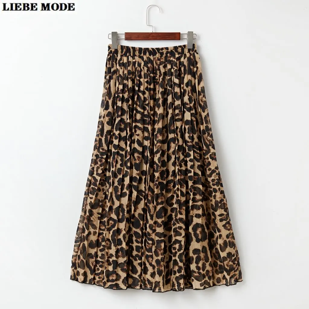 

Spring Summer Pleated Chiffon Leopard Skirt Womens Snake Skin Party Midi Skirt Casual Elastic High Waist Maxi Beach Faldas Mujer