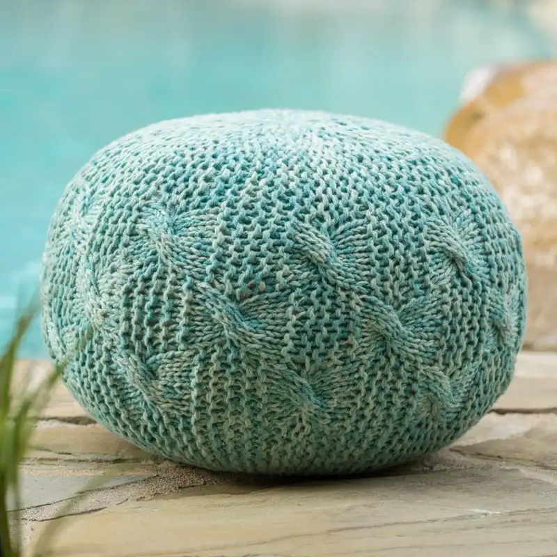 

Outdoor Handcrafted Modern Fabric Weave Pouf, Aqua Foot Rest Stool Hallway Ottoman Home Decor Furniture Stool Small Wooden Stool