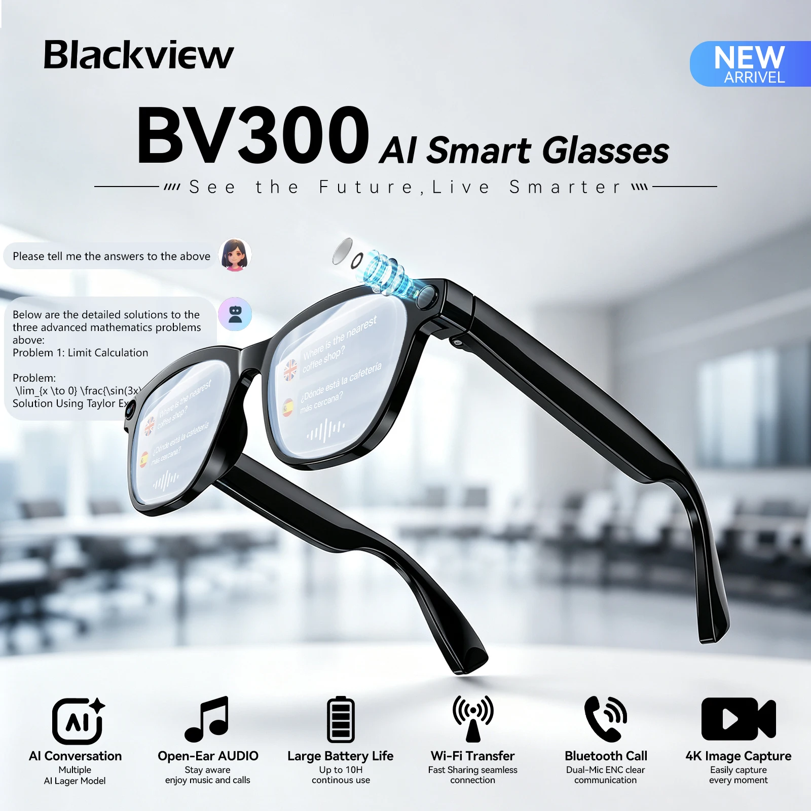 Фото Умные очки Blackview 2026 New BV300 AI с камерой 8 МП 4K, AI-переводом, Bluetooth-звонками для путешествий и офиса, мужские повседневные солнцезащитные очки