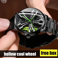 car wheel rim hub quartz watch men luxury black red stainless steel watches wristwatch male casual skeleton dial creative clock