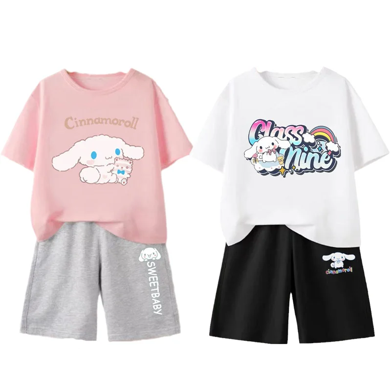

Sanrios Girls Summer Cotton Suit New Cinnamoroll Short-Sleeved Shorts Medium and Large Children's Loose Casual Two-Piece Suit