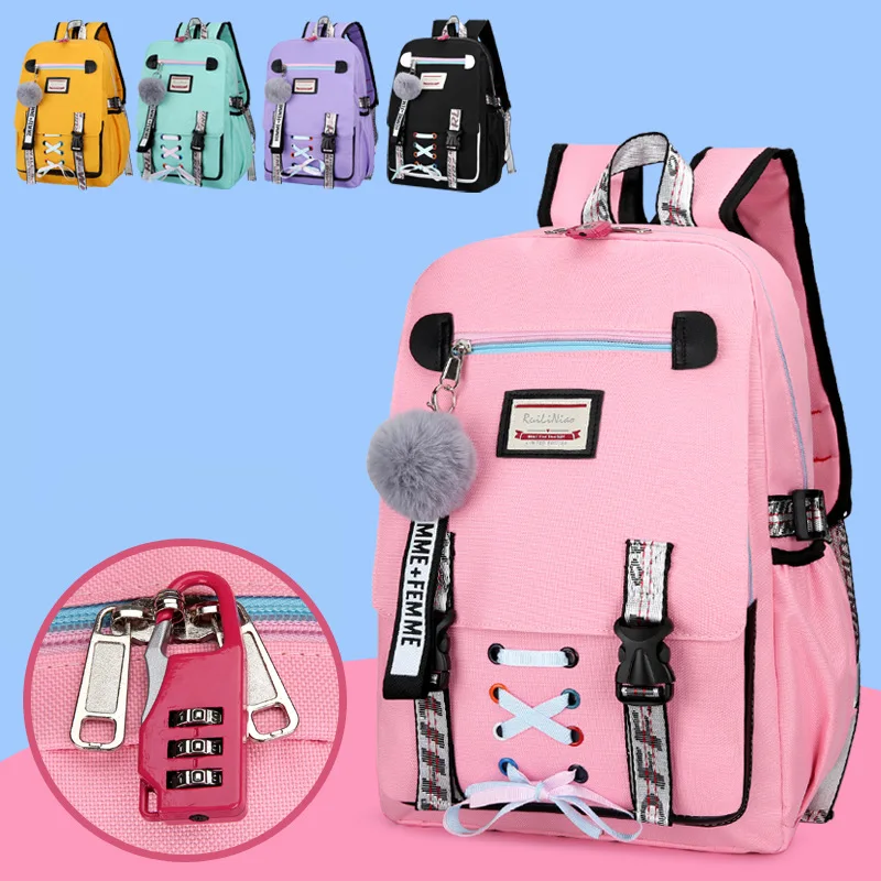 Pink Canvas Backpack Women School Bags For Teenage Girls Preppy Style Large Capacity USB Back Pack Rucksack Youth Bagpack 2021