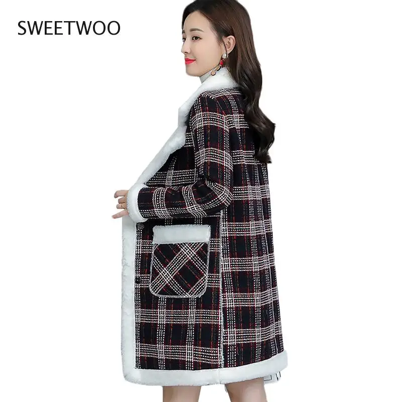 Women's Faux Woolen Coat 2022 New Fashion Plaid Plus Velvet Warm Cotton Mid Long Outerwear Ladies Imitation Lamb Slim Contracted